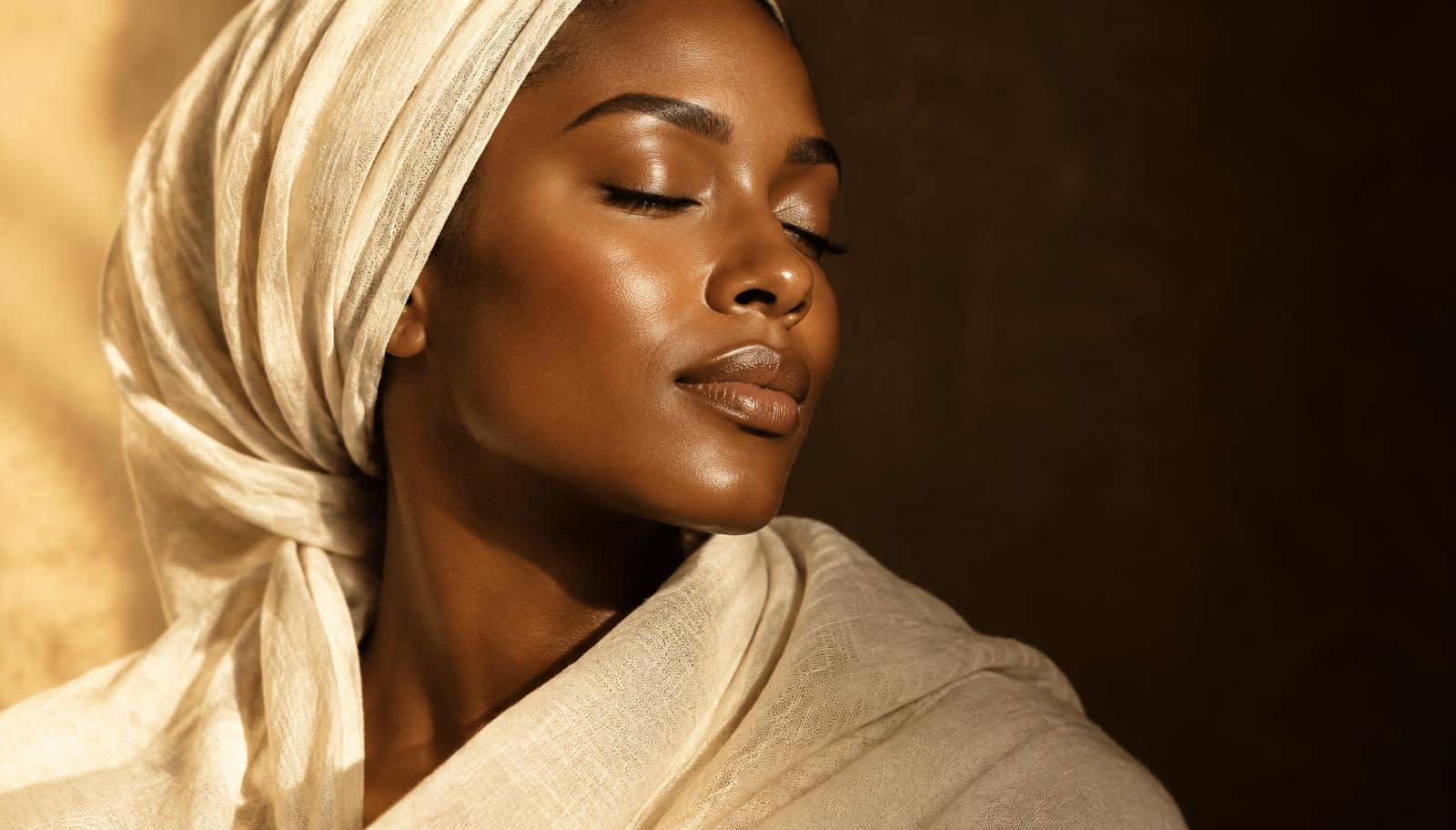A serene woman with glowing skin wrapped in ivory linen